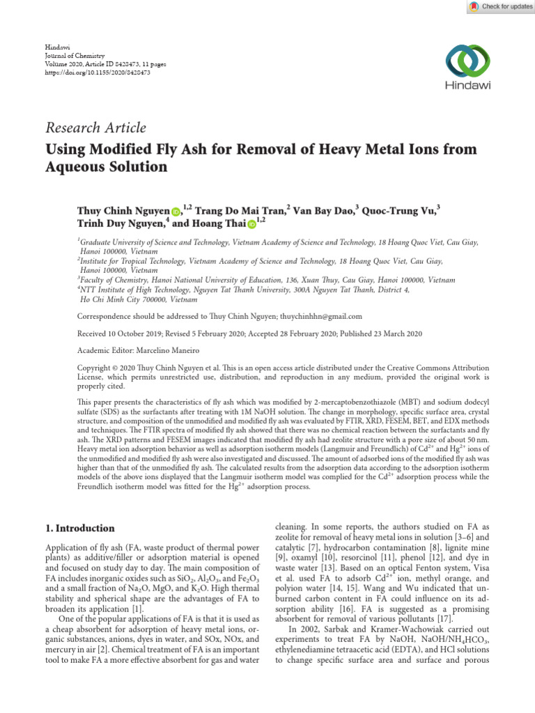 Modified Fly Ash for Heavy Metal Removal | PDF | Adsorption | Chemical ...