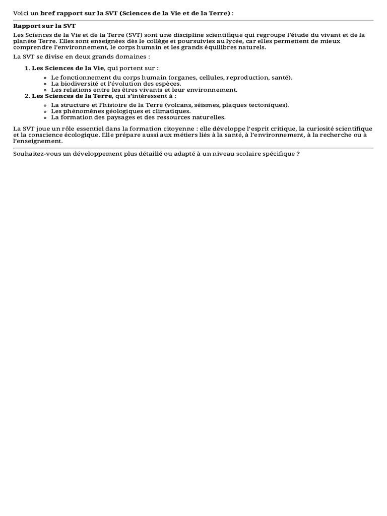 Rapport sur les Sciences de la Vie et de la Terre | PDF