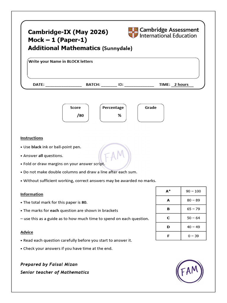 Additional Mathematics Mock Exam Guide | PDF