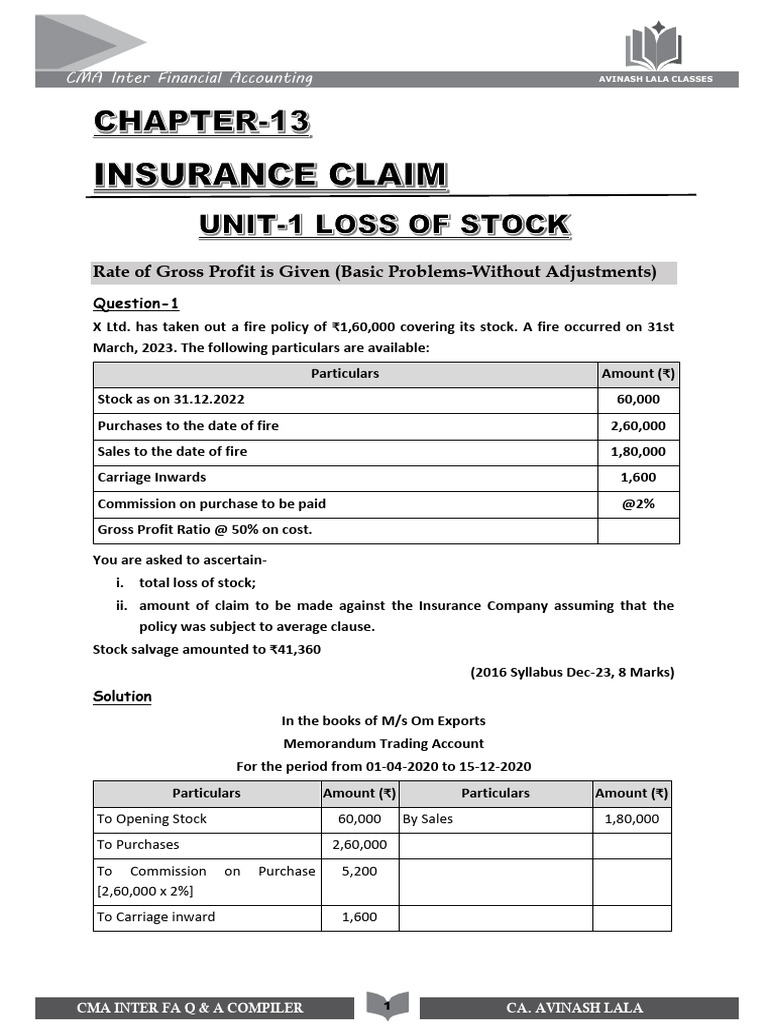Insurance Claim Calculation for Fire Loss | PDF | Stocks | Insurance