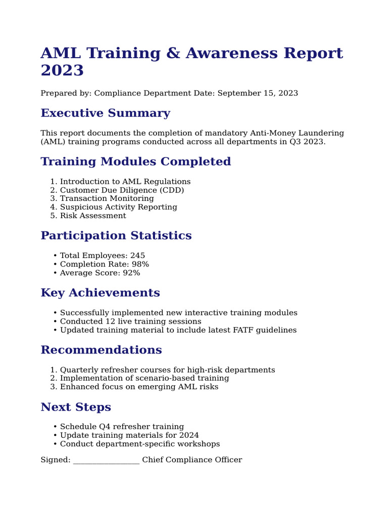 AML Training Completion Report 2023 | PDF