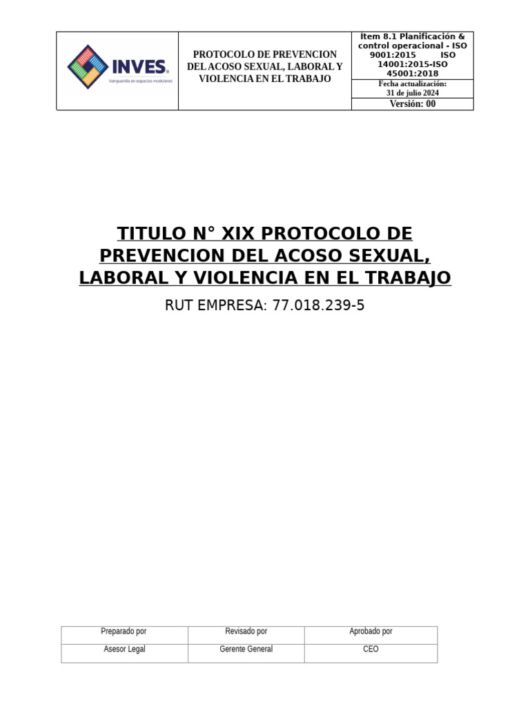 Protocolo de Prevencion Del Acoso Sexual | PDF | Acoso sexual ...