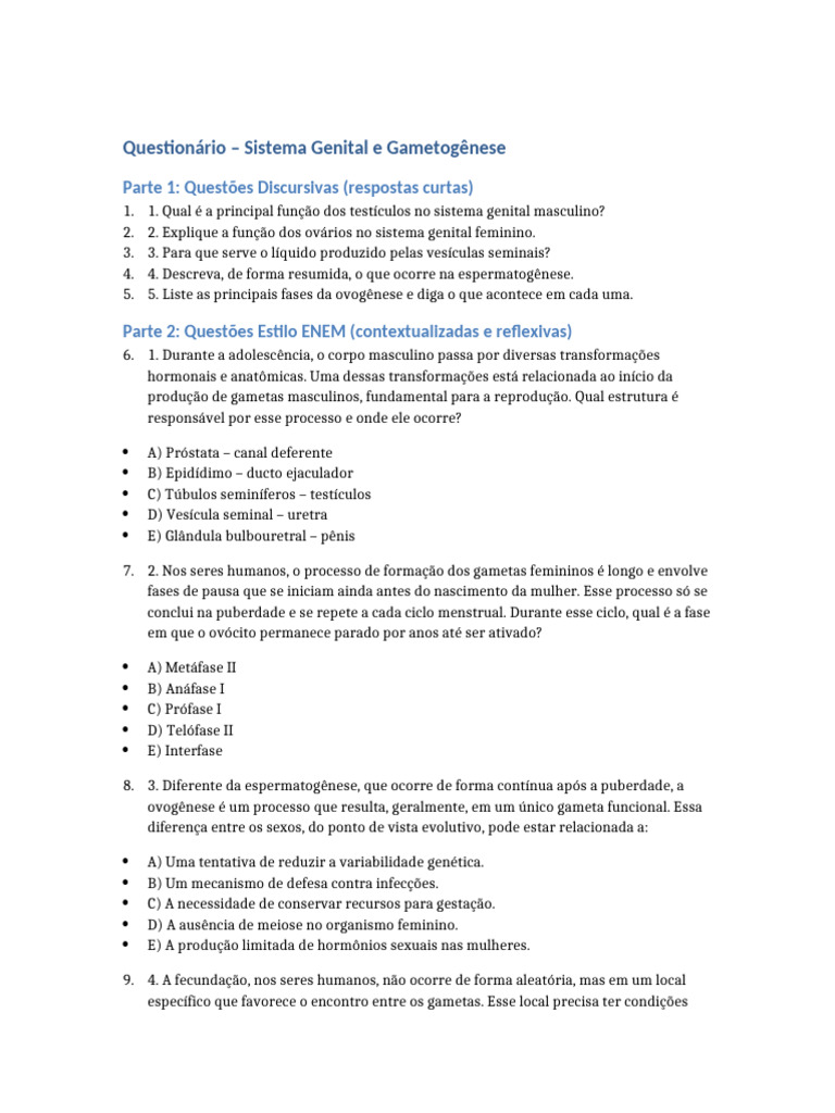 Questionário sobre Gametogênese e Sistema Genital | PDF | Fertilização ...