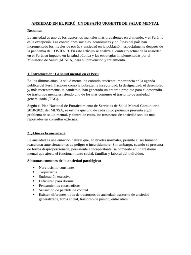Ansiedad en el Perú: Un reto de salud mental | PDF | Ansiedad ...