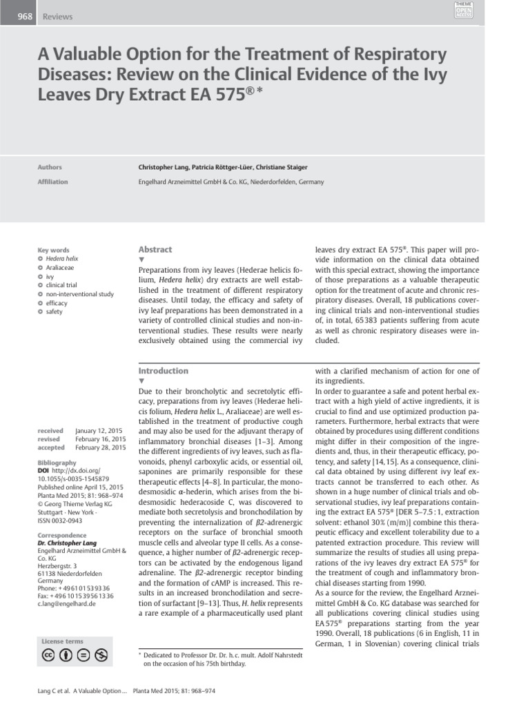 Ivy Leaf Extract EA 575® for Respiratory Health | PDF | Exhalation | Cough