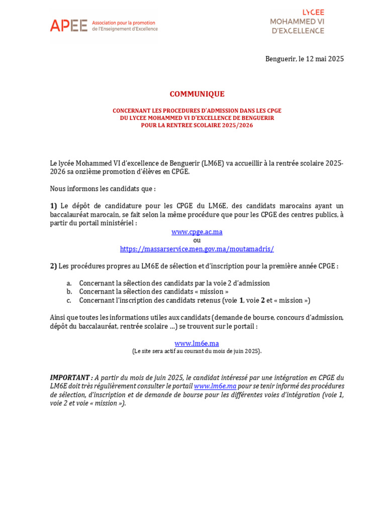 Admission CPGE LM6E Benguerir 2025/2026 | PDF