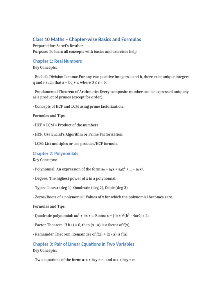 Class 10 Maths Formulas & Concepts | PDF
