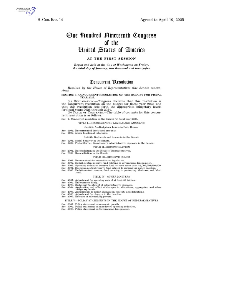 H. Con. Res. 14: FY 2025 Budget Overview | PDF | Reconciliation (United ...