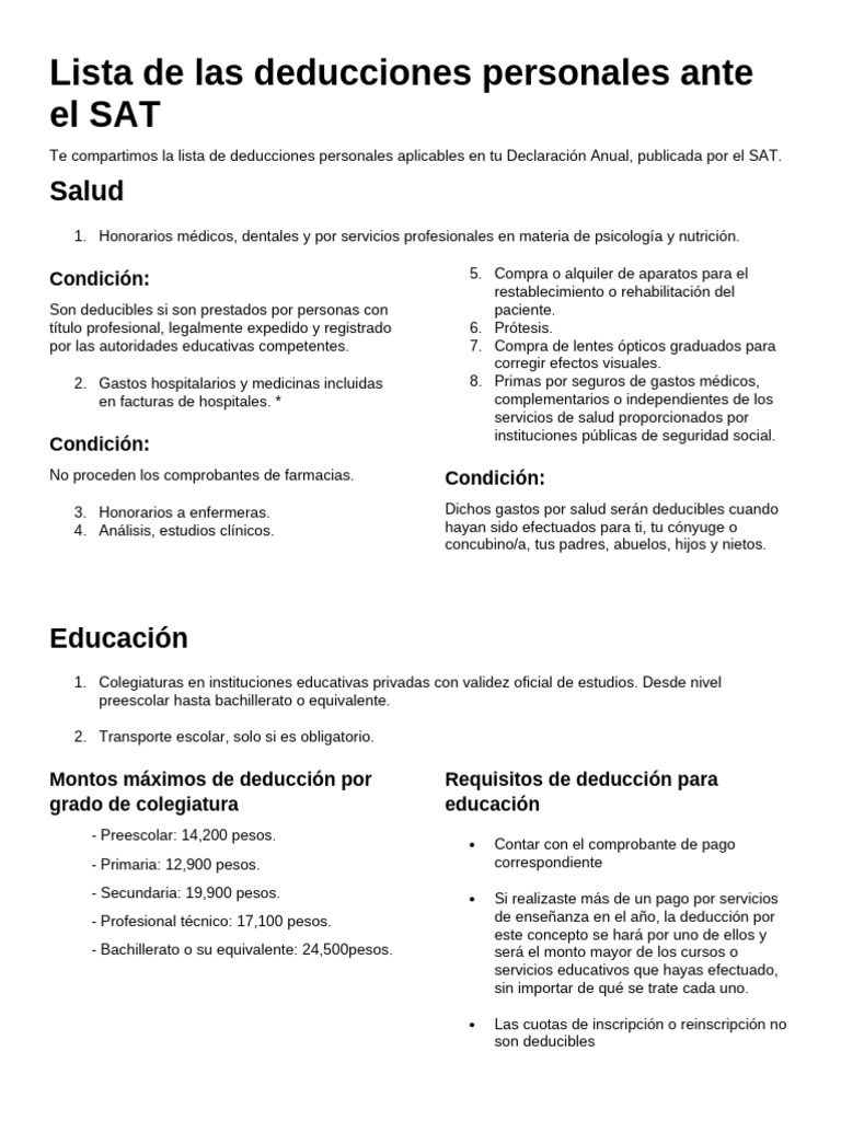 Deducciones Personales SAT 2025 | PDF | Impuestos