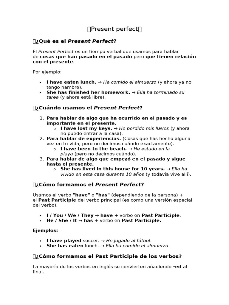 Ficha sobre el Present Perfect | PDF | Lingüística | Tipología Lingüística