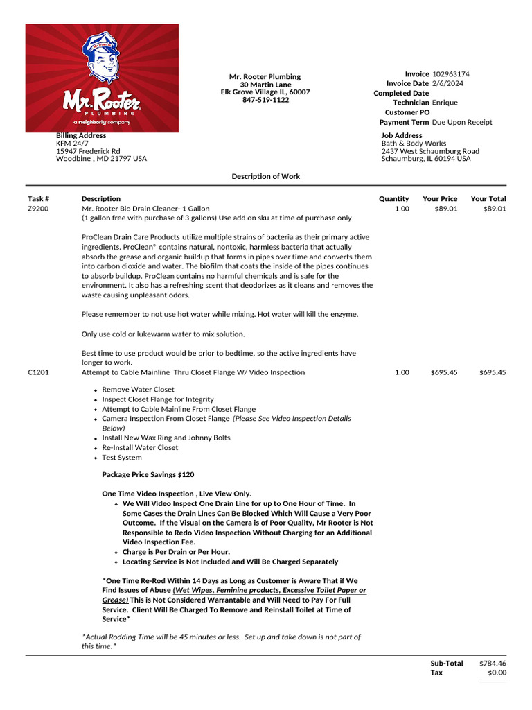Mr. Rooter Plumbing Invoice Summary | PDF | Fee