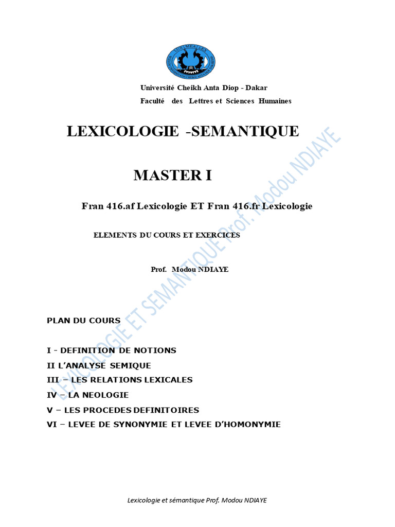 Lexicologie et Sémantique en Cours | PDF | Lexique | Lexicologie
