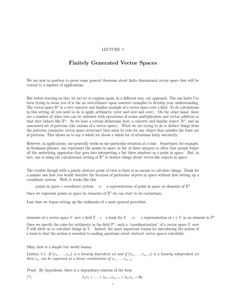 Finitely Generated Vector Spaces Overview | PDF | Basis (Linear Algebra ...