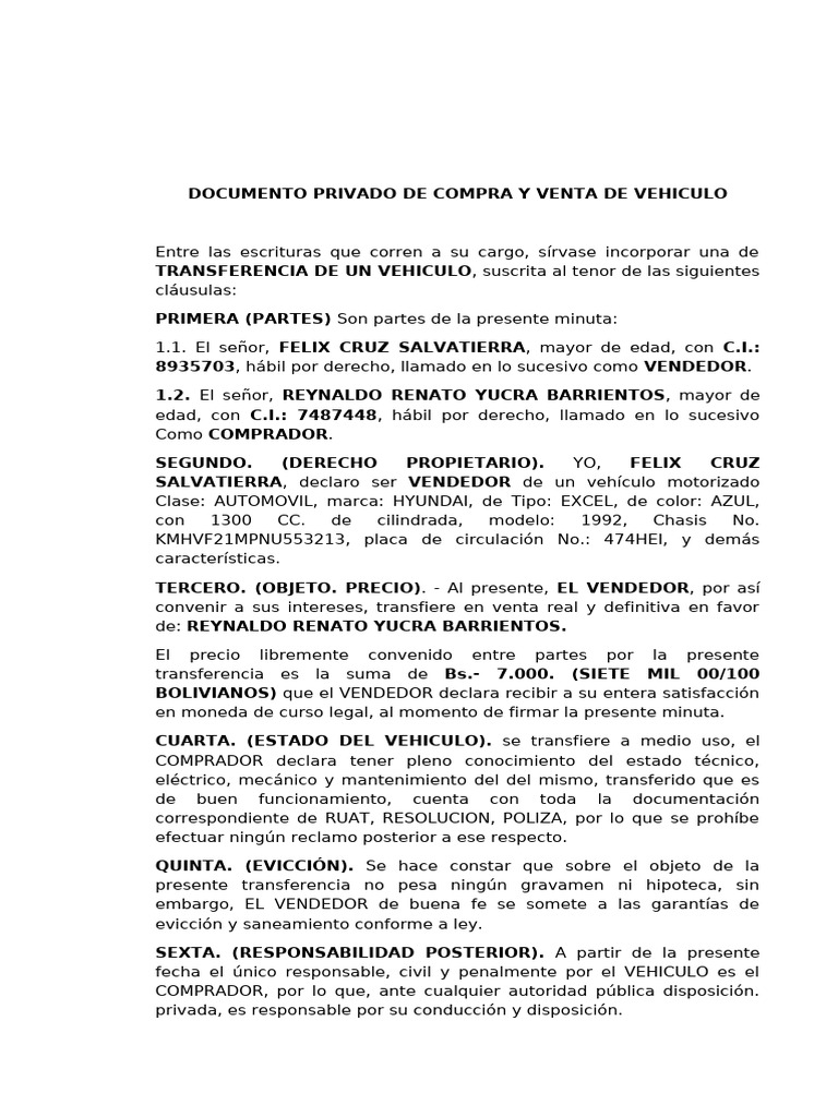 Documento Privado de Compra y Venta de Vehiculo 7 | PDF