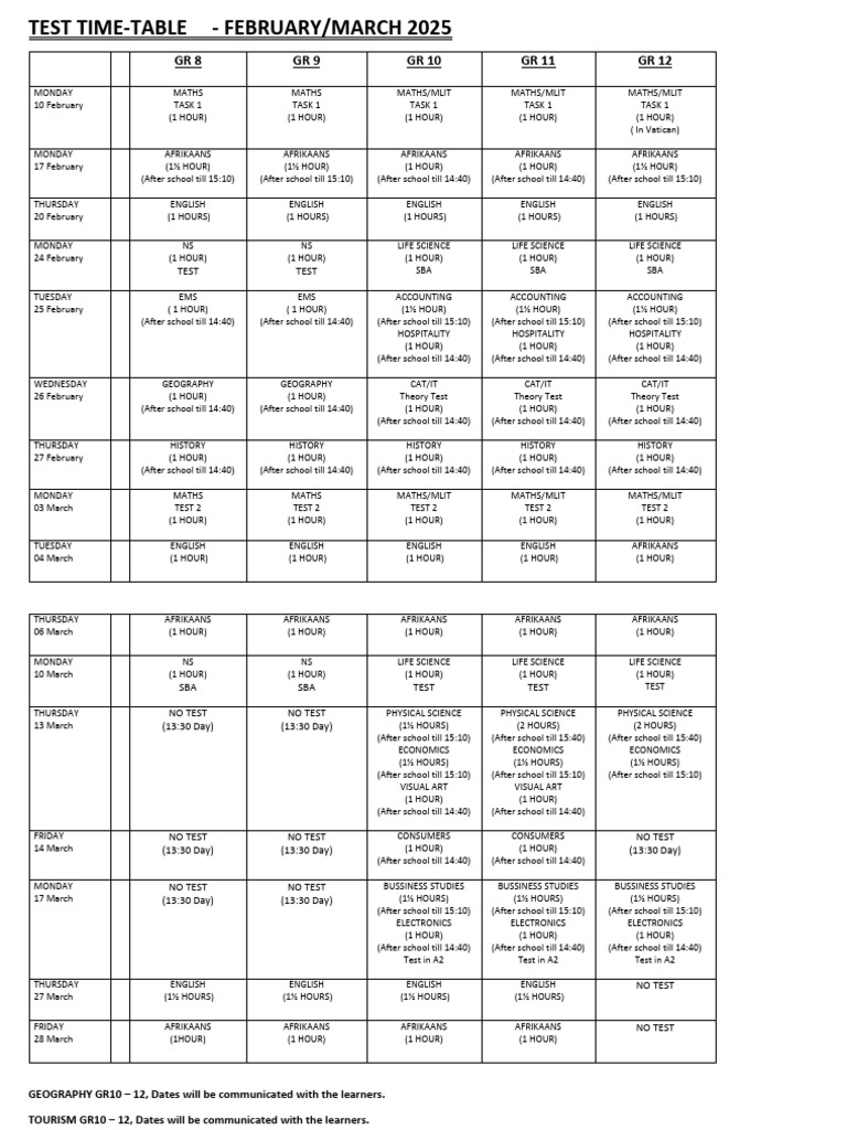 Test Time Table Feb March 2025 Learners Pdf