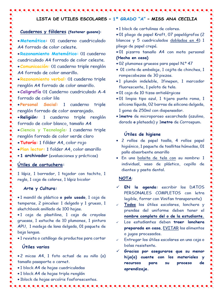 Lista de Utiles Escolares 1º A | PDF