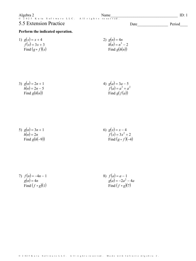 Algebra 2 Function Operations Worksheet | PDF