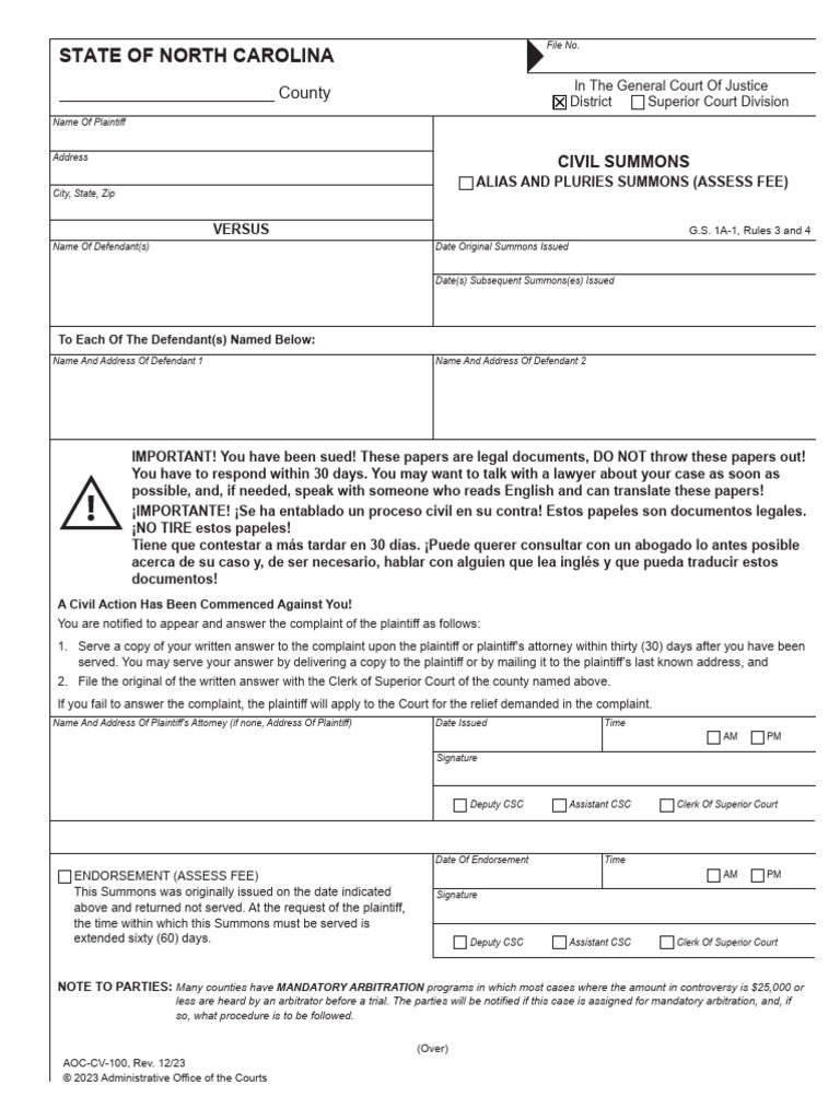 North Carolina Civil Summons AOC-CV-100 | PDF | Justice | Crime & Violence