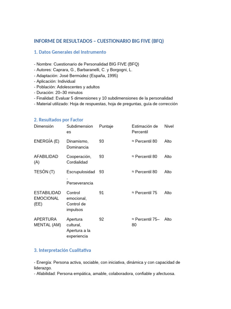 Resultados del Cuestionario BFQ | PDF