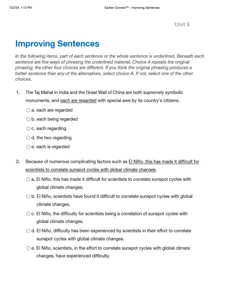 Improving Sentence Structure Exercises | PDF