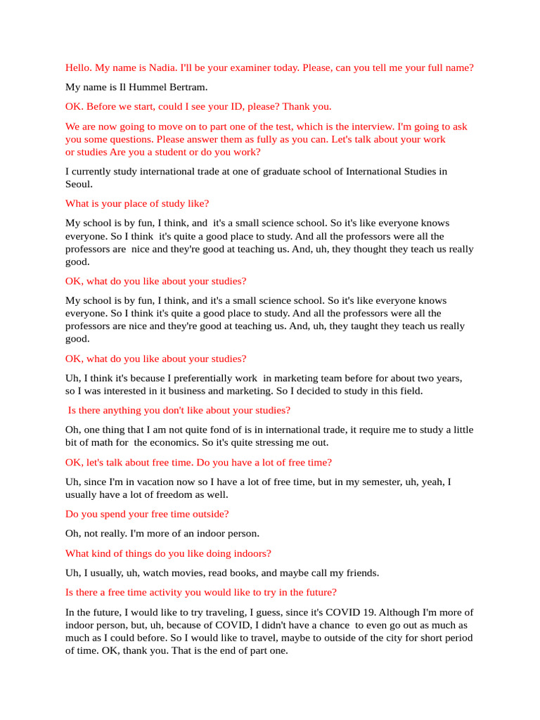 Eilts Speaking Band 6 Interview | PDF