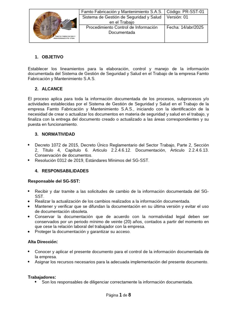Pr Sst 01 Procedimiento Control Info Documentada Pdf Archivo De
