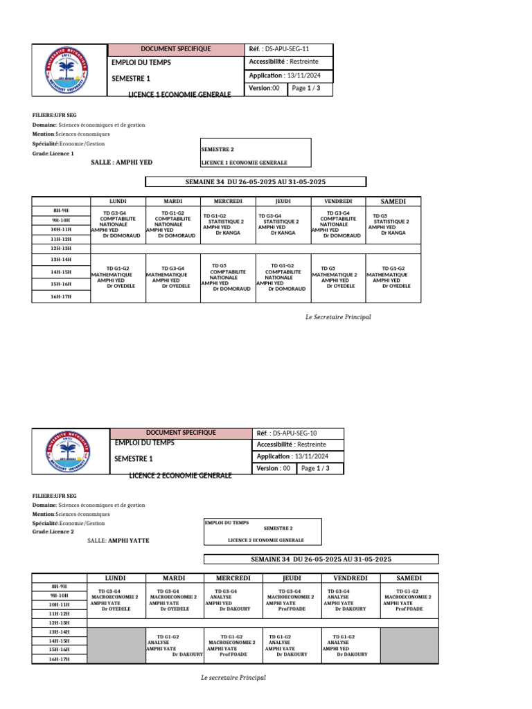 Emploi du temps Semaine 34 2025 | PDF | Économie | Économie