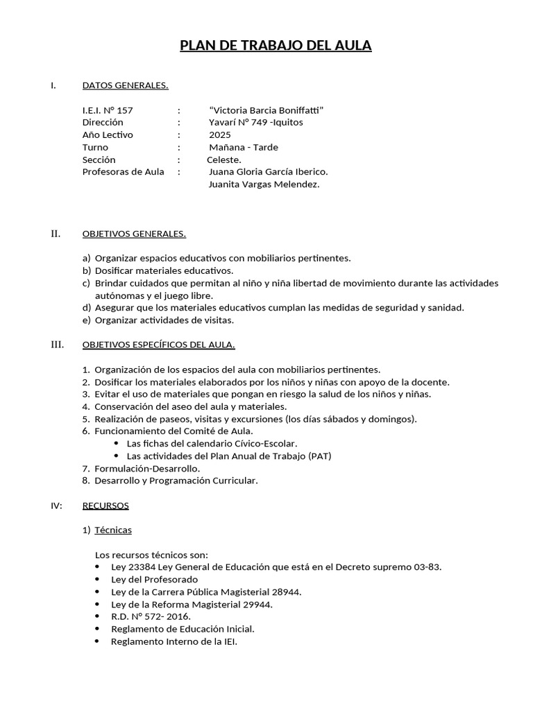 Plan de Trabajo Aula 2025 I.E.I. 157 | PDF | Salón de clases | Maestros