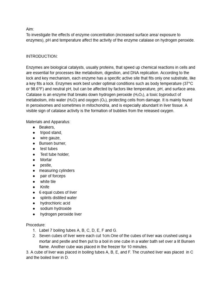Effects of pH, Temp, & Enzyme on Catalase | PDF | Catalase | Hydrogen ...
