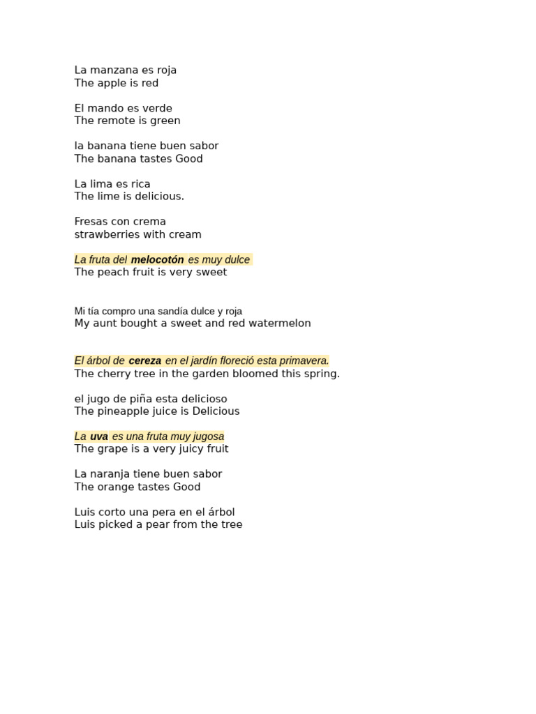 Frutas y oraciones en inglés | PDF