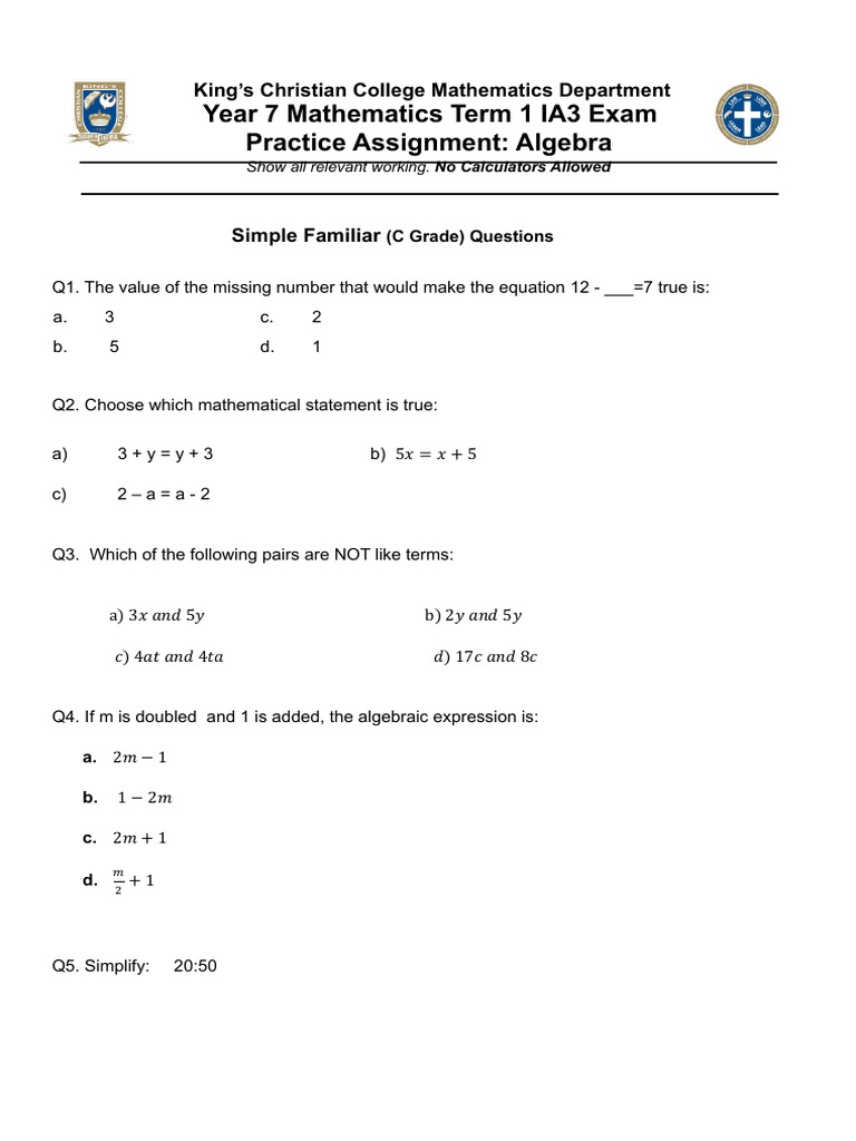 Year 7 Algebra Exam Practice Questions | PDF | Algebra | Elementary ...