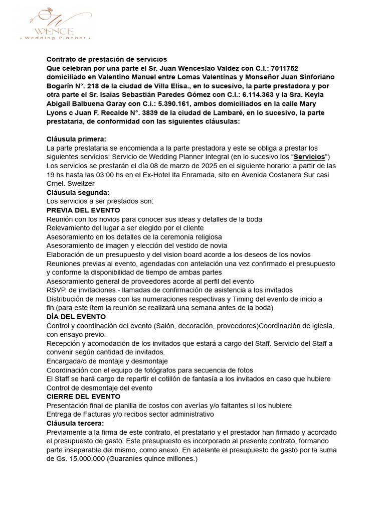 Contrato de Servicios de Wedding Planner | PDF