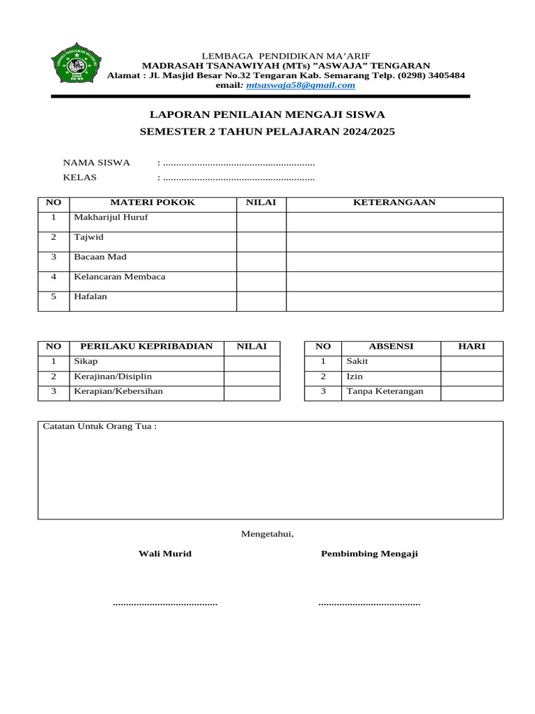 Contoh Raport Mengaji Siswa MTs | PDF