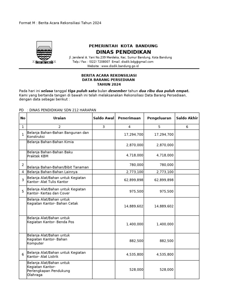 Rekonsiliasi Data Barang Dinas Pendidikan 2024 | PDF