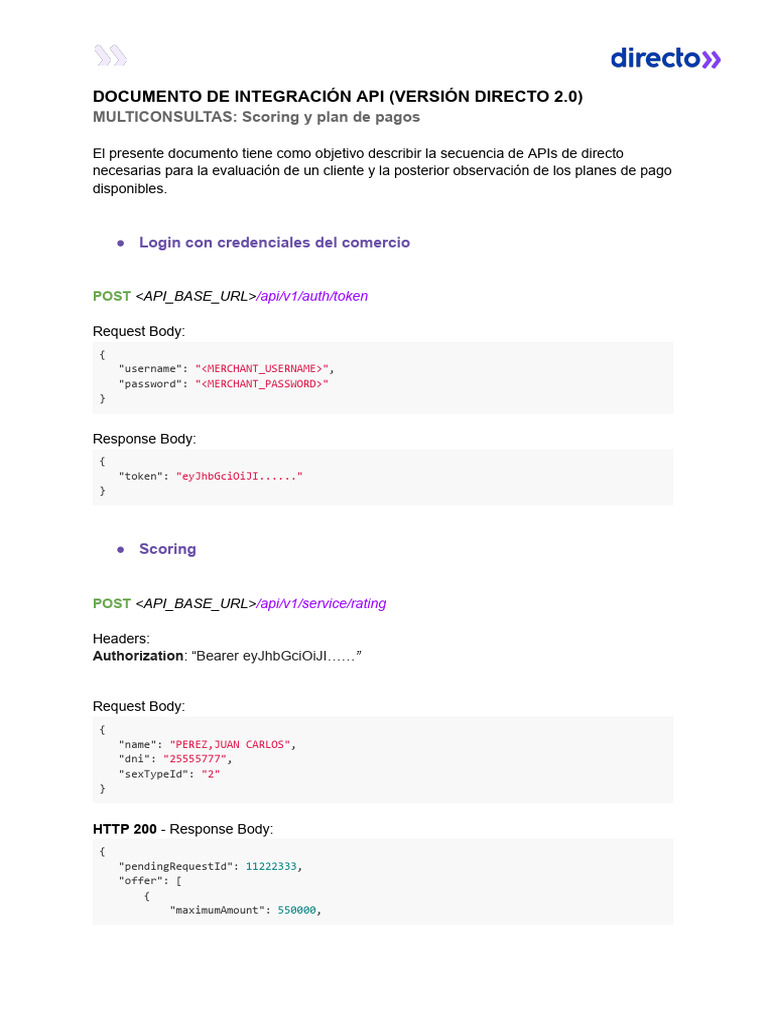 Integración API Directo 2.0: Scoring y Pagos | PDF