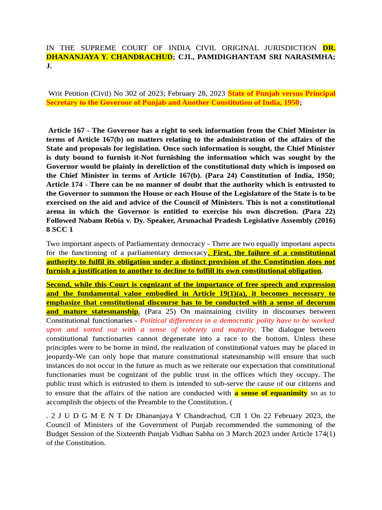 Supreme Court Ruling on Punjab Governor's Authority | PDF ...