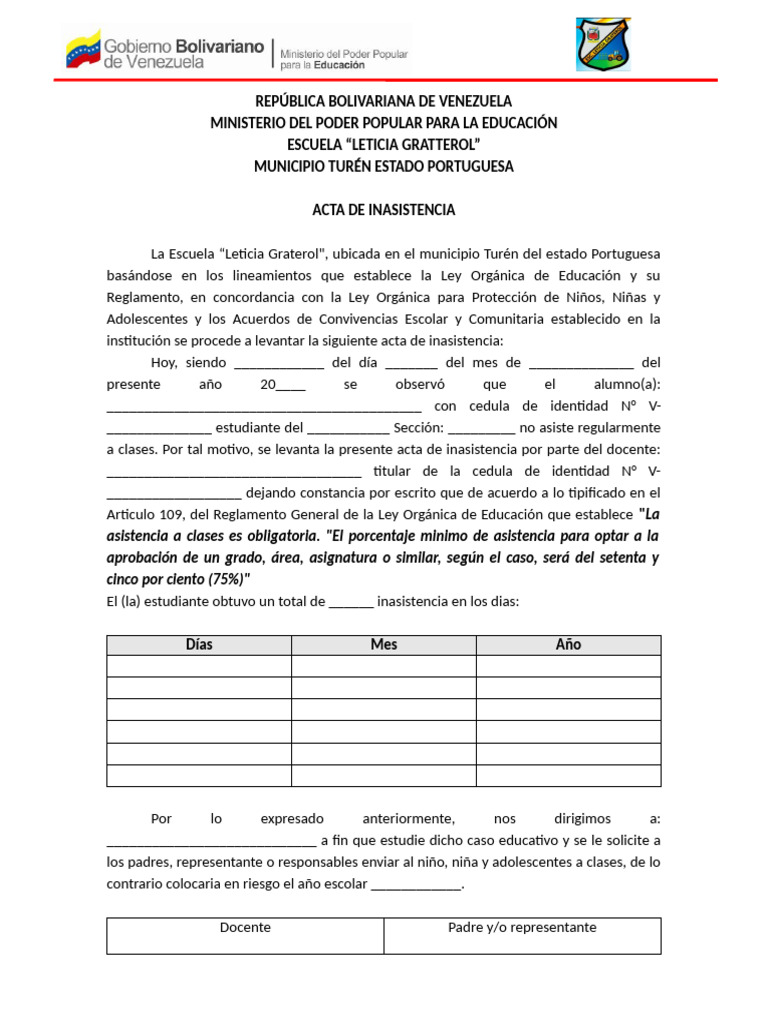 Acta de Inasistencia Escolar en Venezuela | PDF