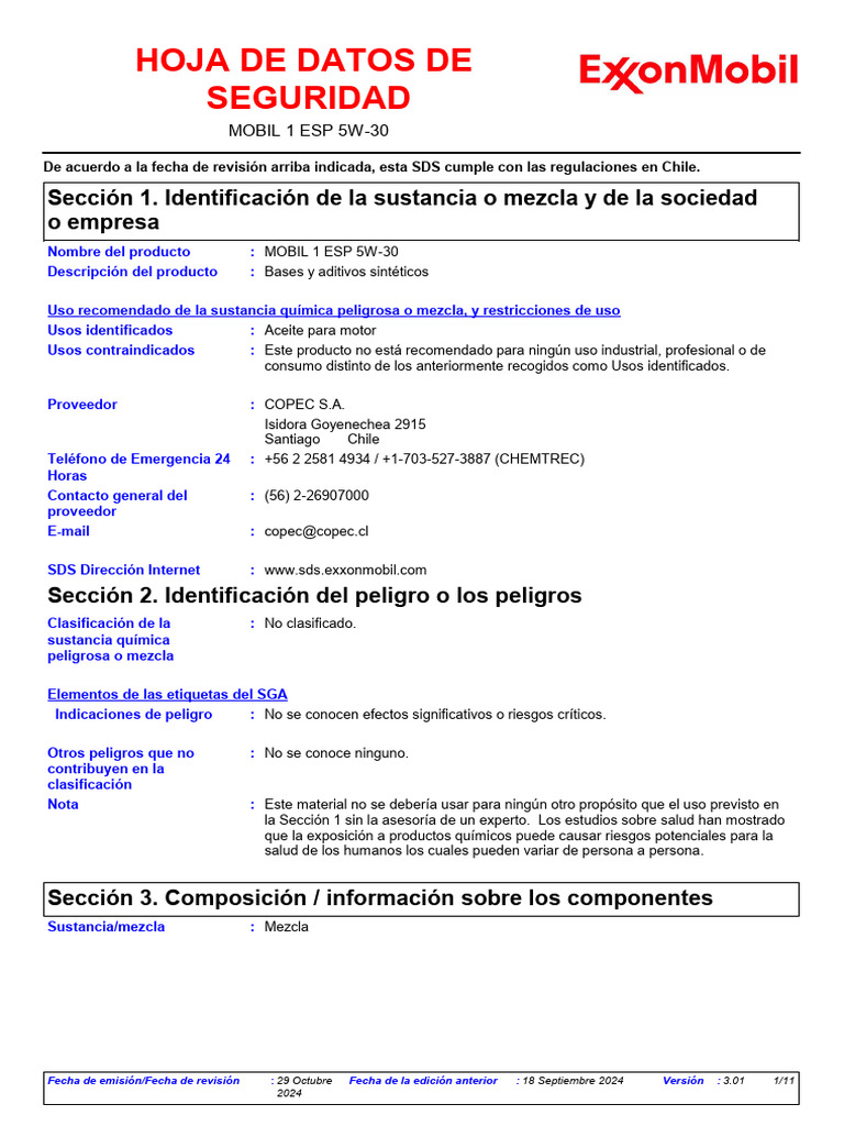 Hoja de Seguridad Mobil 1 ESP 5W-30 | PDF | Agua | Residuos