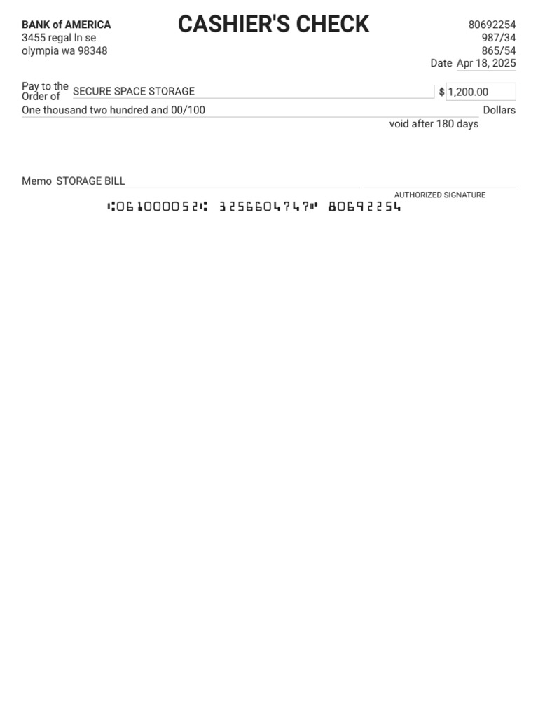 Cashier's Check for Storage Payment | PDF