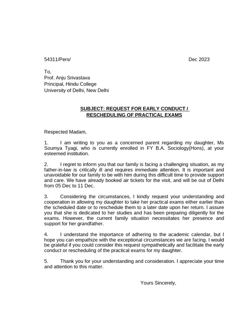 Request to Reschedule Practical Exams | PDF