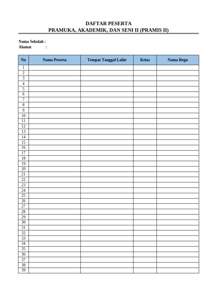 Daftar Peserta Pramis (Nama Sekolah) | PDF
