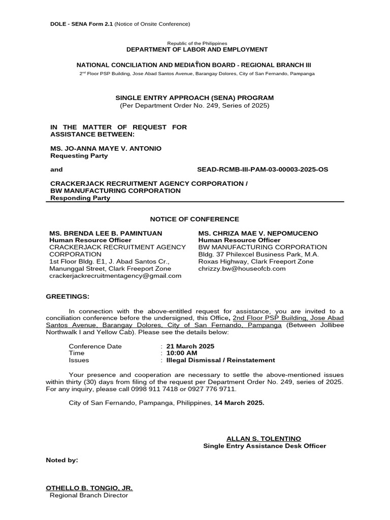 SEnA FORM 2.1 - Notice of Conference (Onsite) | PDF | Employment ...