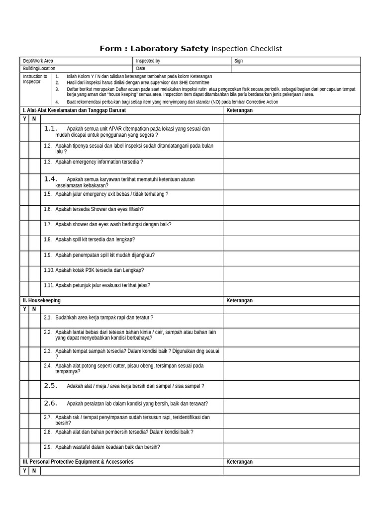 Daftar Periksa Keselamatan Laboratorium | PDF