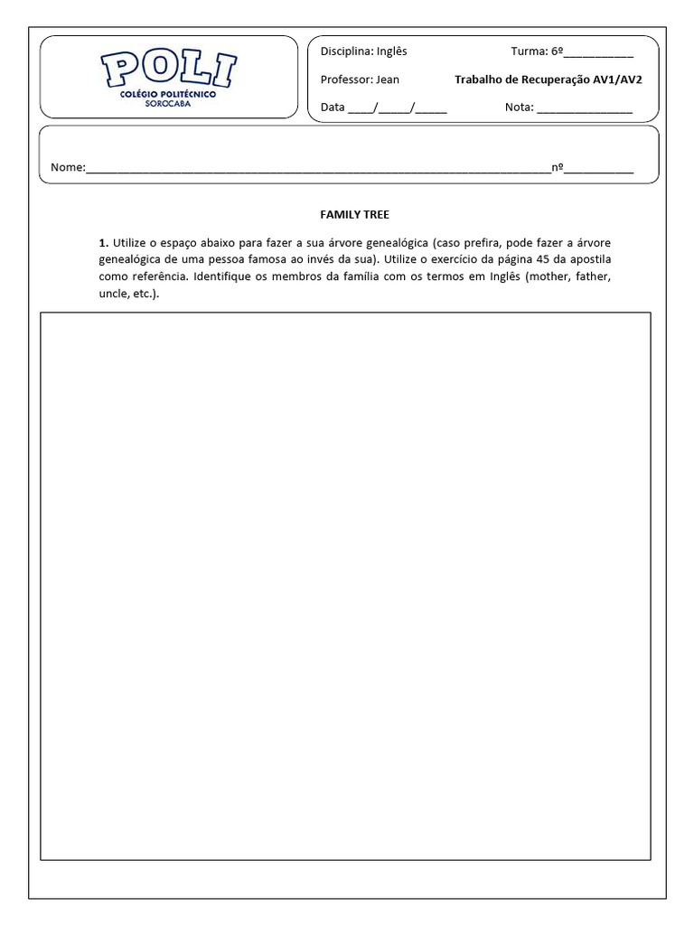 6ANO-trabalho-recuperação-AV1-AV2-1SEM-2025-FAMILY TREE | PDF