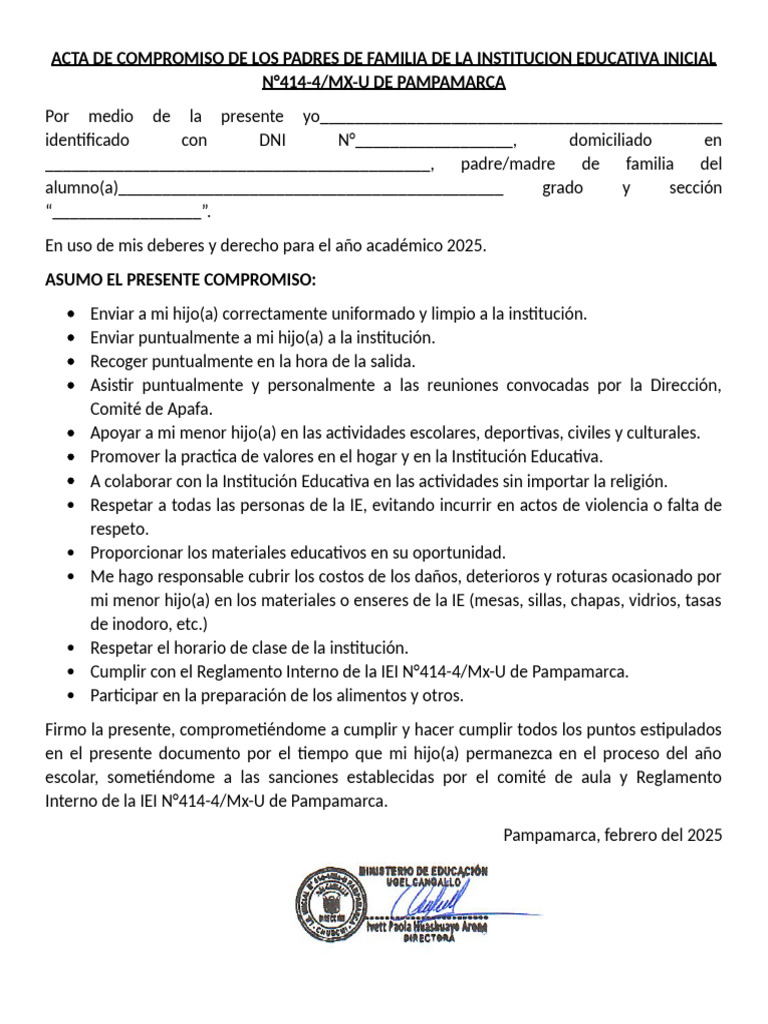 Acta de Compromiso de Los Padres de Familia de La Institucion Educativa ...