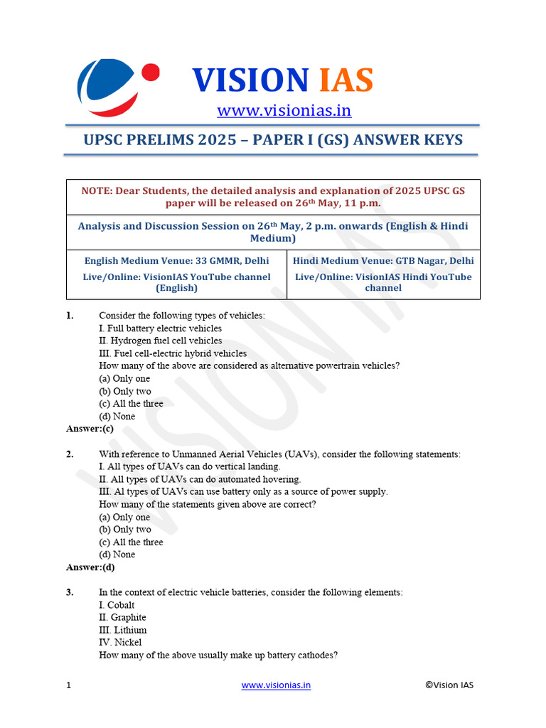 UPSC Prelims 2025 GS 1 - Question Paper With Answer Key | PDF | Cement ...