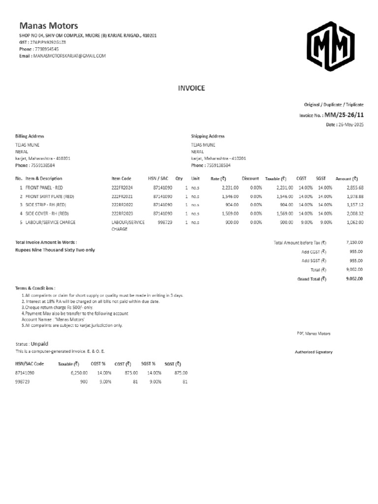 Tejas Mune Invoice No11 | PDF