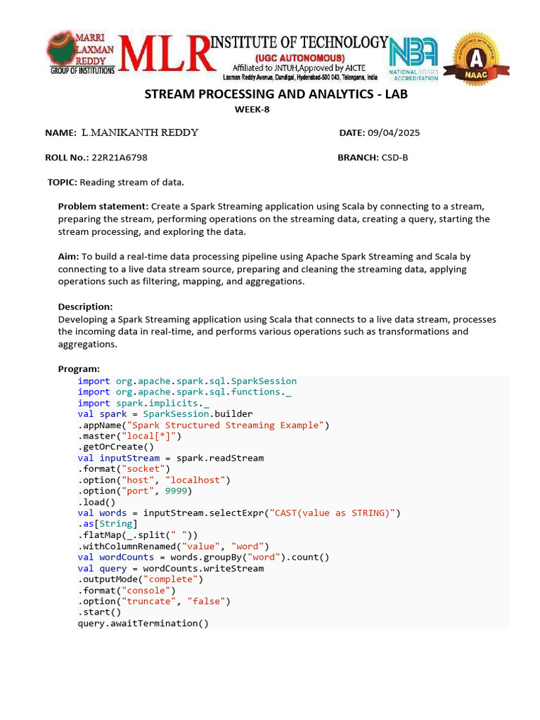 Spark Streaming Data Processing Lab | PDF