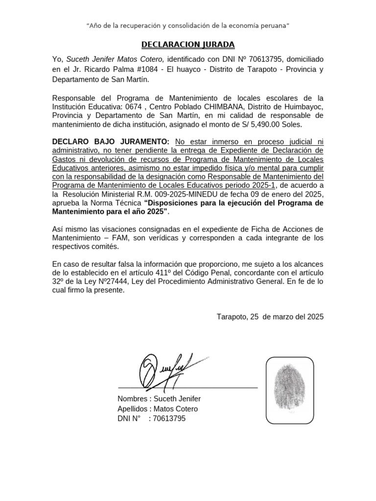 Declaracion Jurada de No Haber Sido Sometido A Procesos Disciplinarios ...