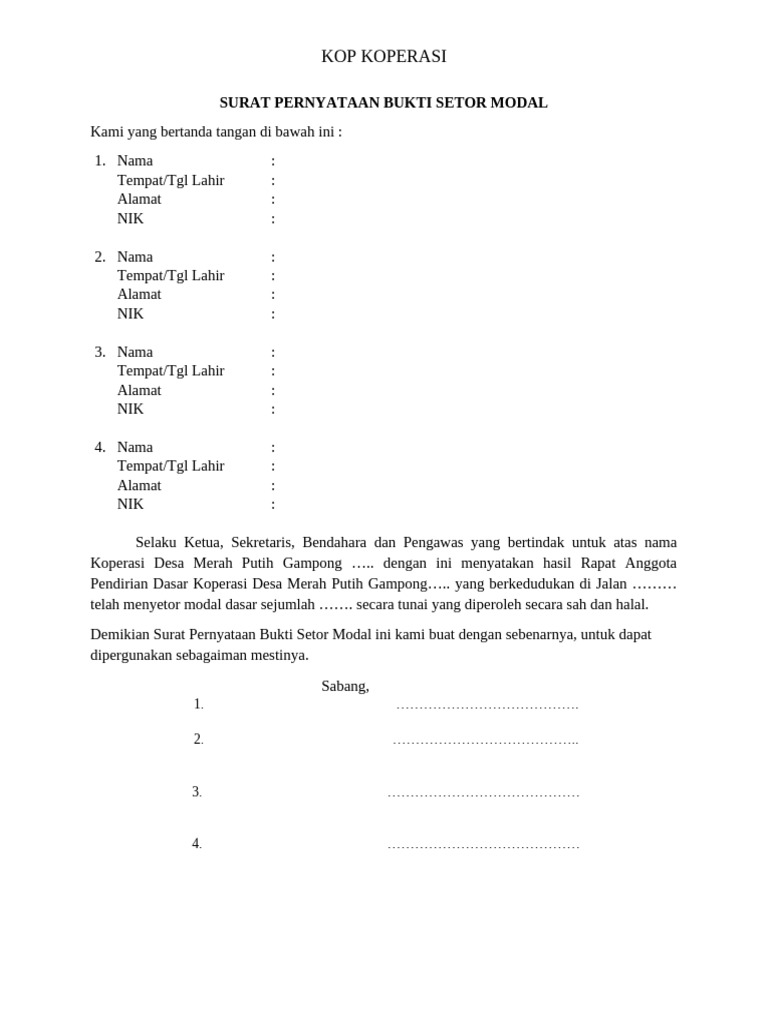 Surat Pernyataan Setor Modal Koperasi | PDF